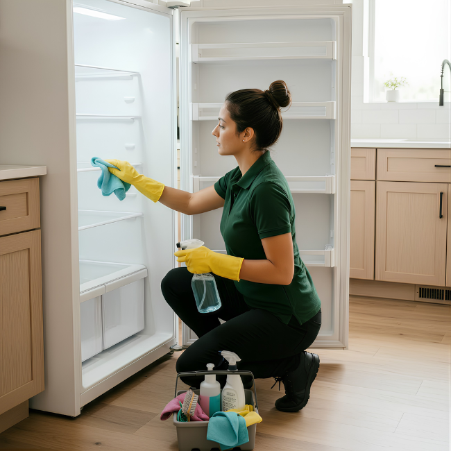 Сleaner thoroughly cleaning the inside of a refrigerator during a deep cleaning service.