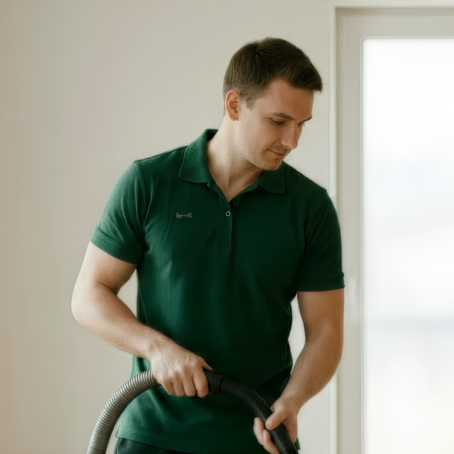 Сleaner vacuuming dust from a sofa during post-renovation cleaning
