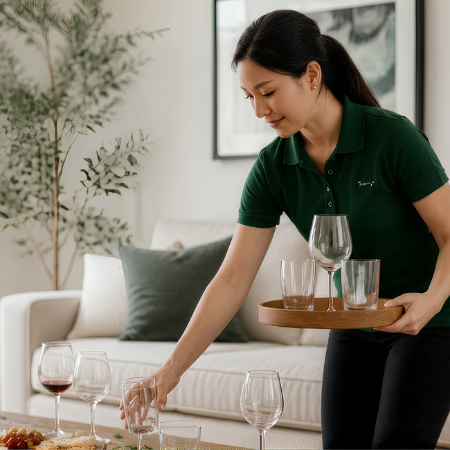 Сleaner clearing glasses and tidying a living room after a party
