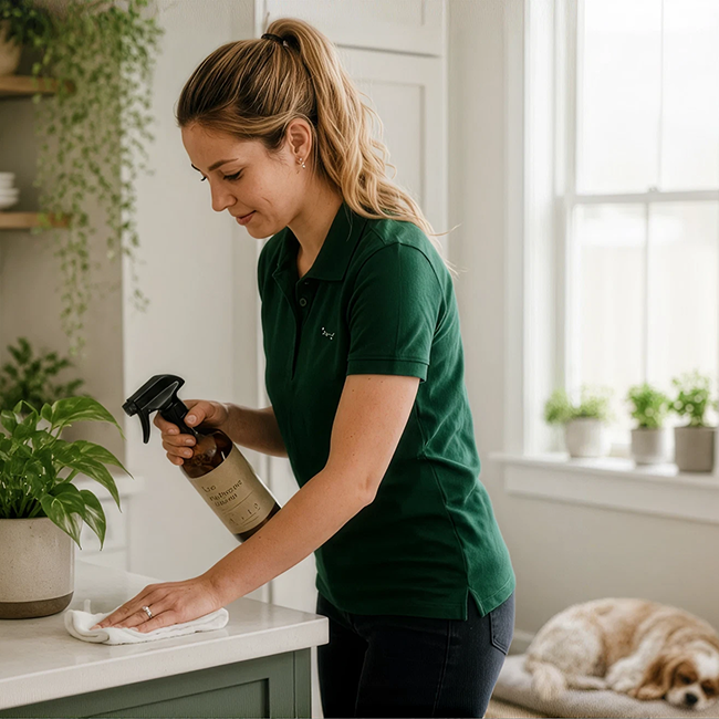 Сleaner using eco-friendly cleaning spray and cloth to clean a kitchen countertop.