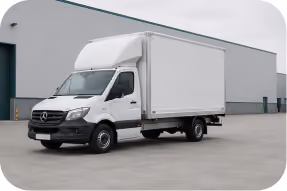 White delivery truck with blank cargo box on a light gray background.