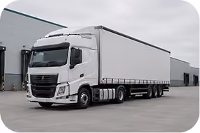 Side view of a white delivery truck with a large cargo box on a light gray background.