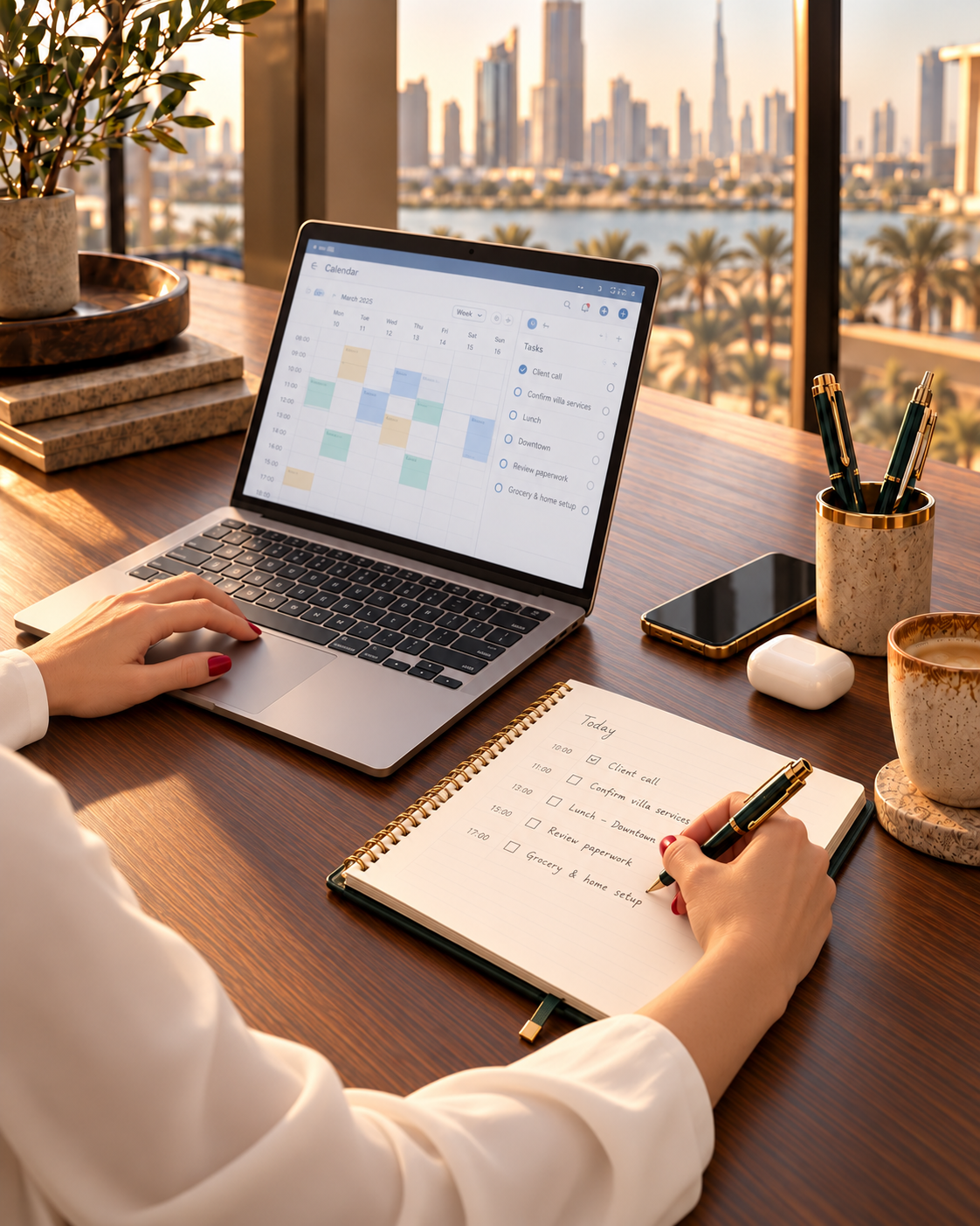 Personal assistant organizing appointments and taking notes at a Dubai workspace