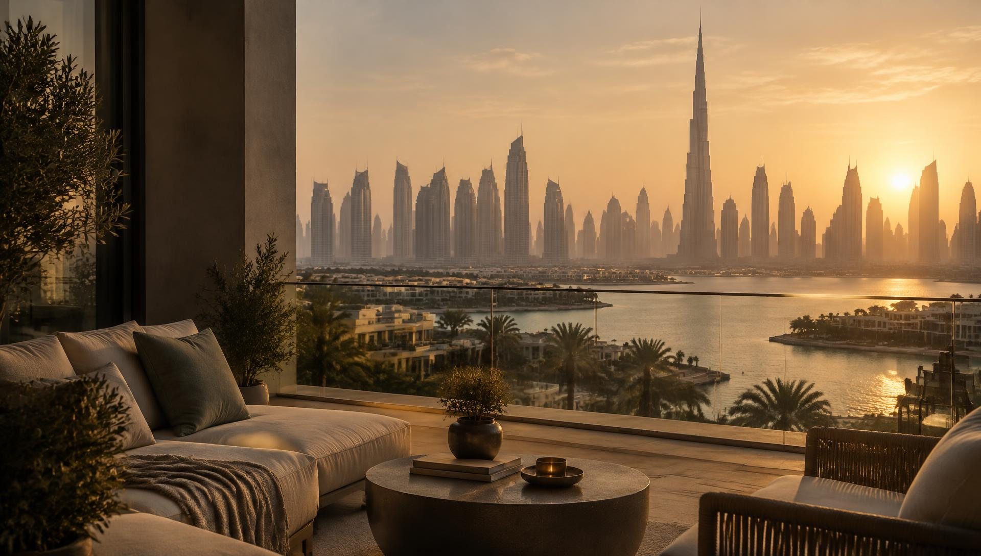 Dubai skyline at golden hour seen from a private terrace