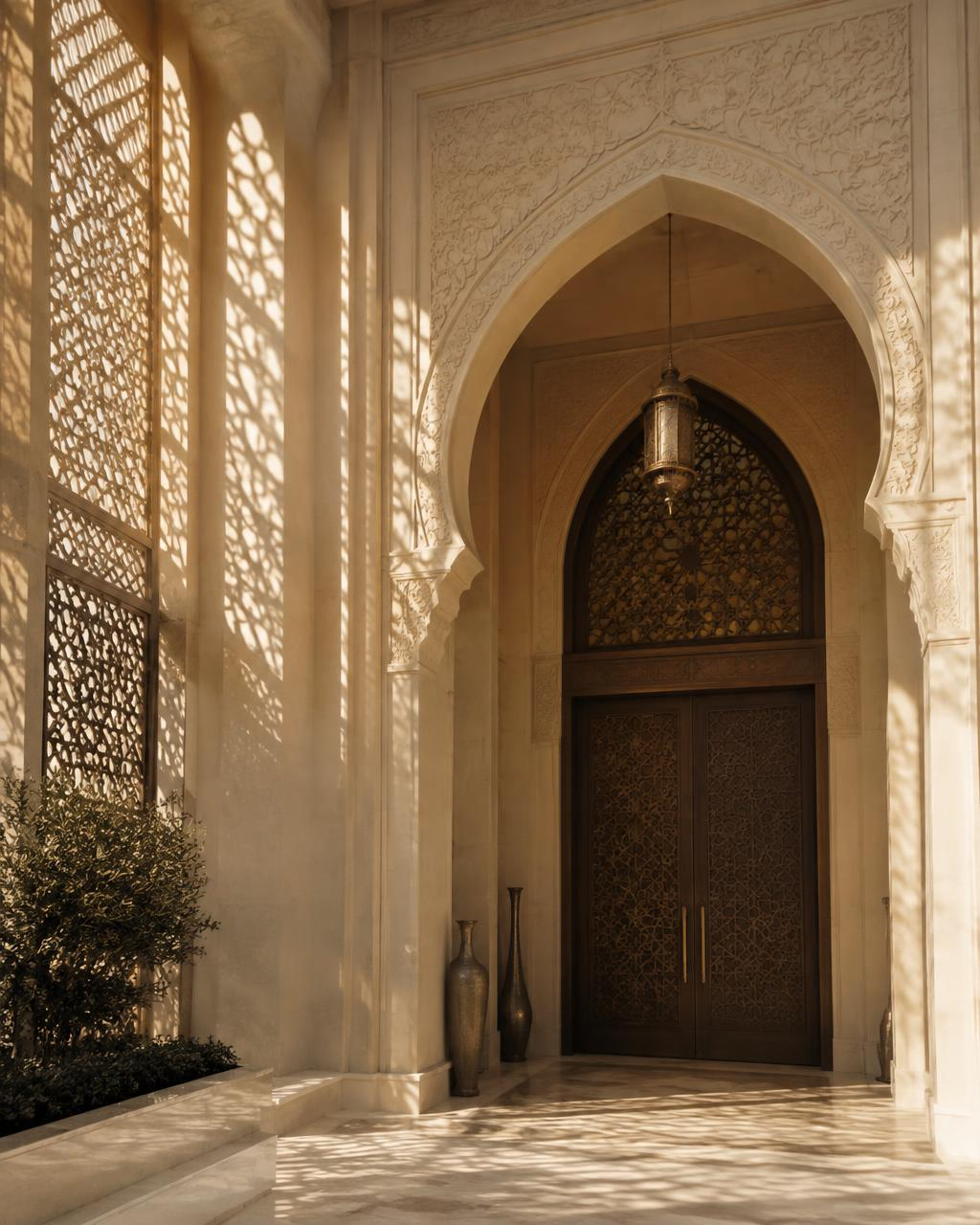 Carved stone entrance of a Dubai residence