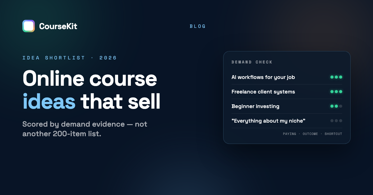 Online course ideas scored by demand evidence - CourseKit demand check panel