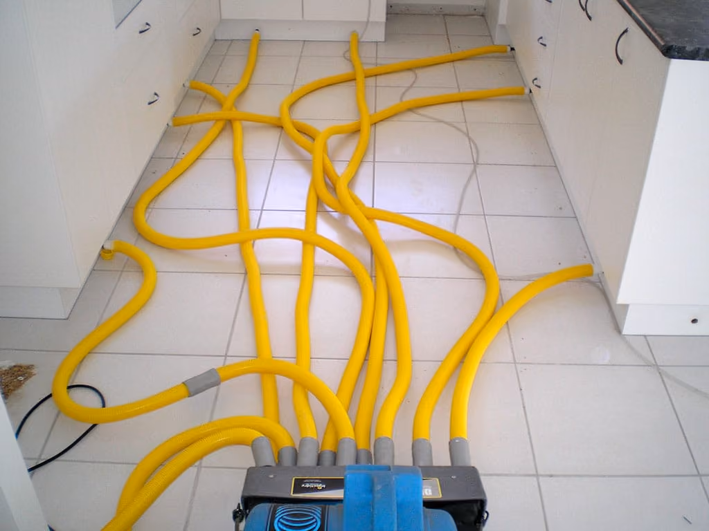 Blue machine on tiled floor with multiple yellow hoses extending outward in different directions.