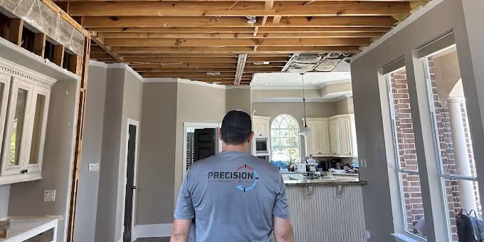 Man in a Precision shirt inspecting interior home renovation with exposed ceiling beams and kitchen area.