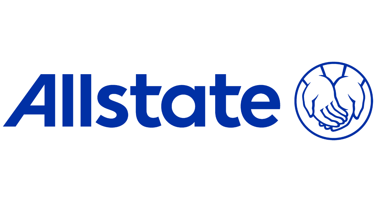 Allstate logo with name in blue and two hands holding each other inside a circle.