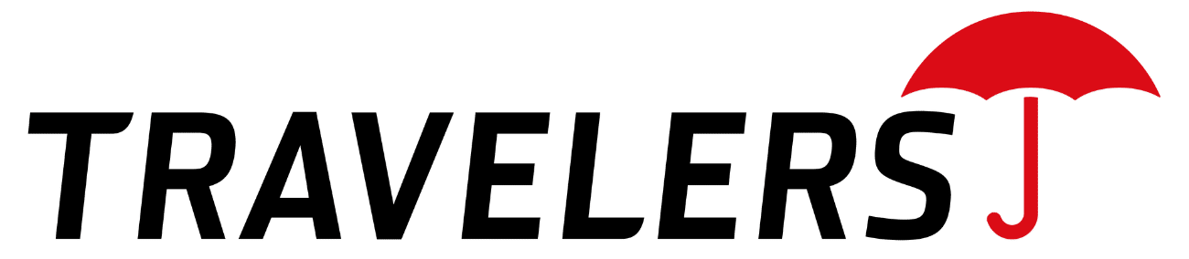 Travelers insurance logo with black text and a red umbrella icon.
