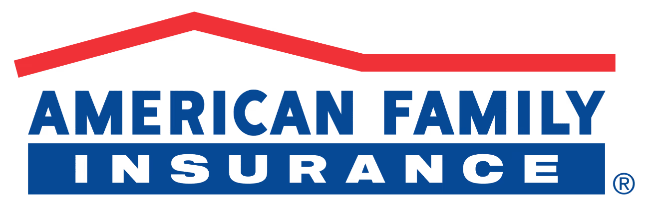 American Family Insurance logo with blue text and a red roof-like line above it.