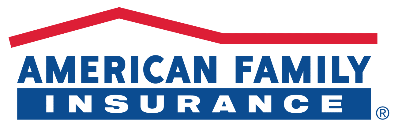 American Family Insurance logo with blue text and a red roof-like line above it.