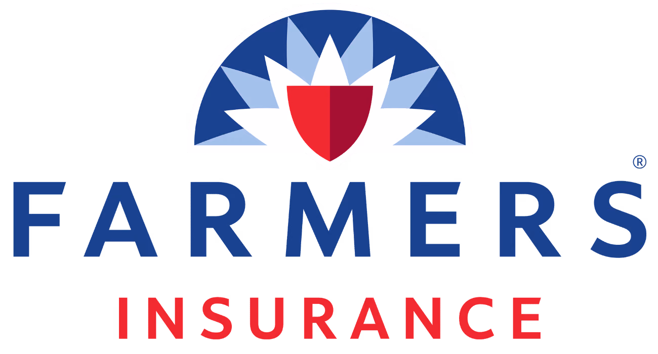 Farmers Insurance logo with blue text and a red shield emblem inside a blue and white sunburst.