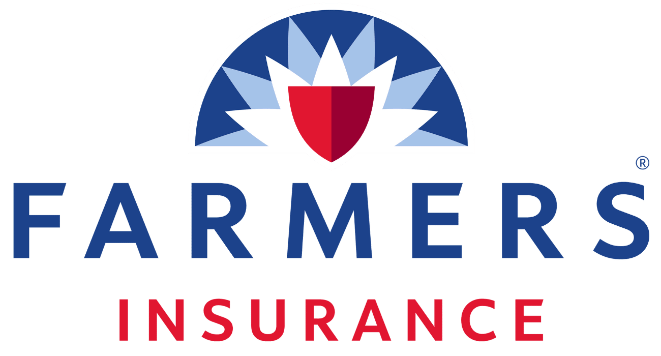Farmers Insurance logo with blue text and a red shield emblem inside a blue and white sunburst.