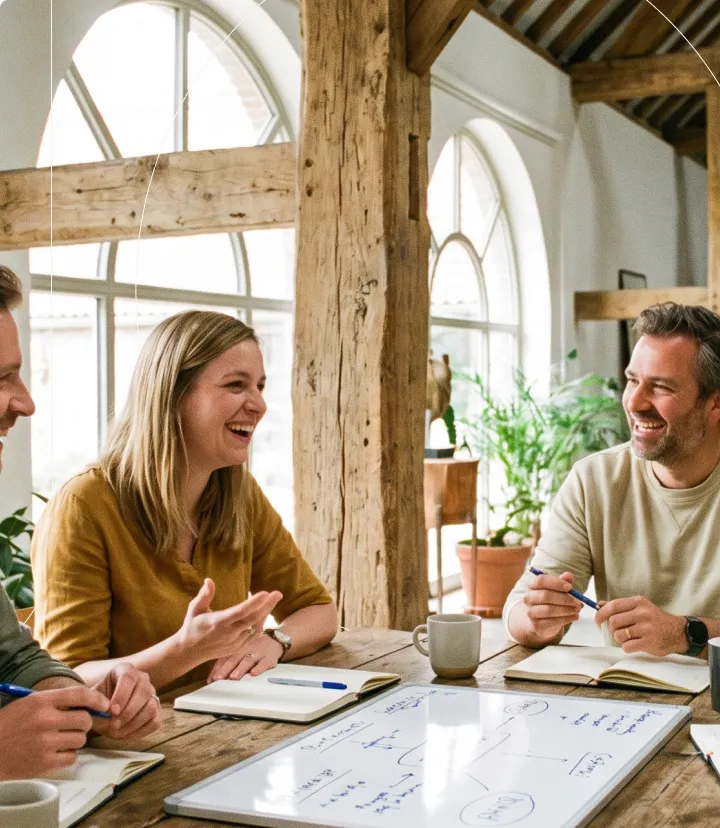 Team in gesprek in een kantoor met houten balken