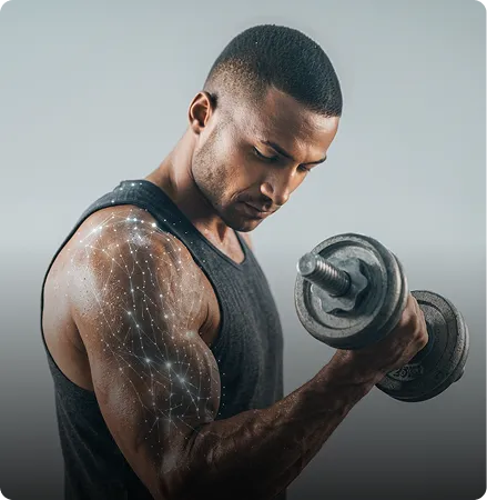 Homme musclé soulevant un haltère avec des motifs numériques lumineux sur son bras.