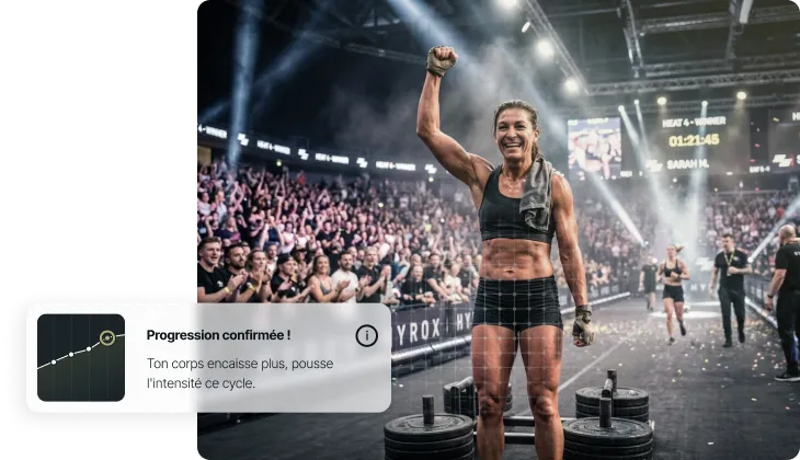 Athlète femme levant le poing dans une salle de sport avec un public applaudir en arrière-plan.