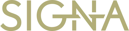 Logo Signa avec lettrage épuré en couleur or.