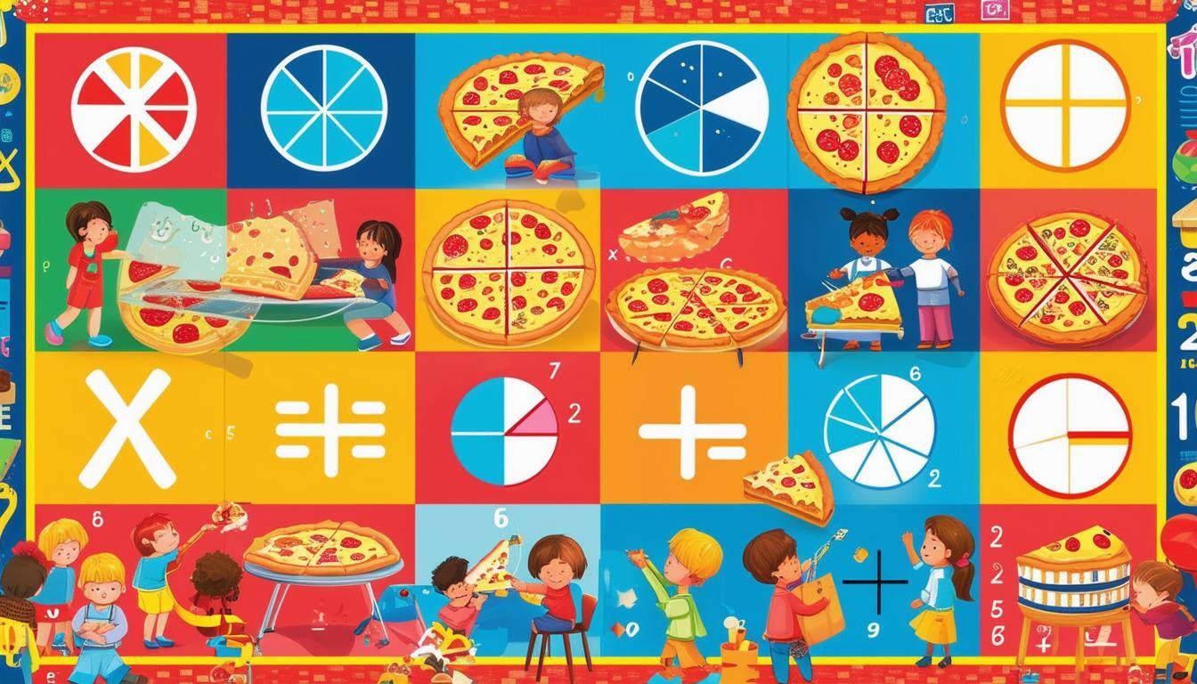 Colorful poster of fractions and math symbols with children learning