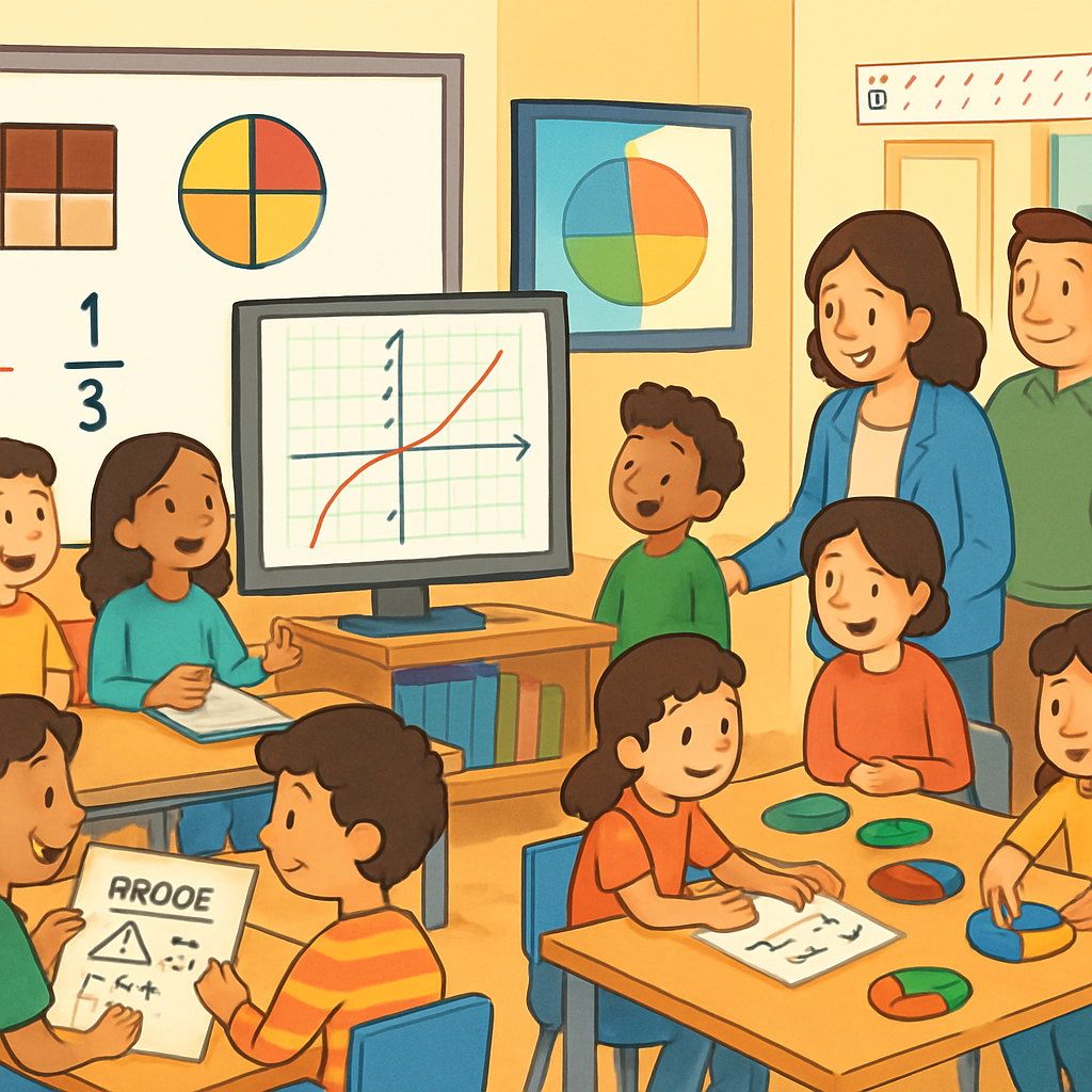 Classroom visual showing generated math diagrams and fraction models