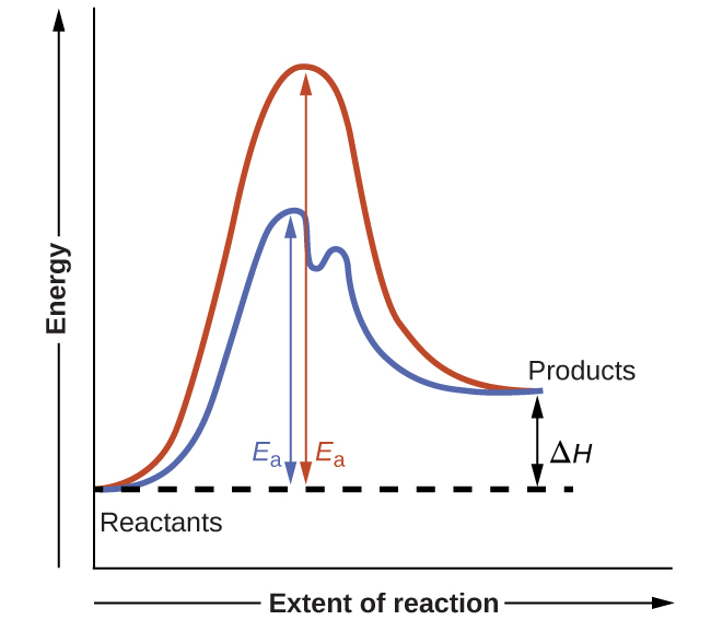 Reaction diagrams comparing uncatalyzed and catalyzed pathways with lower activation energy for AP Chemistry Unit 5