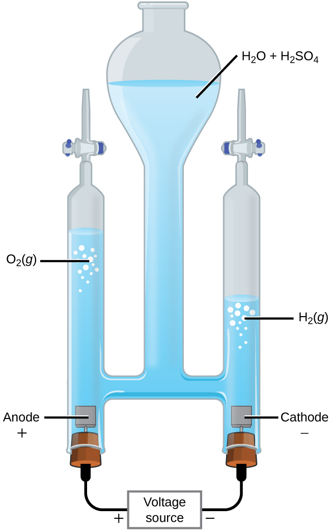 Electrolysis of water producing hydrogen and oxygen gas for AP Chemistry Unit 9