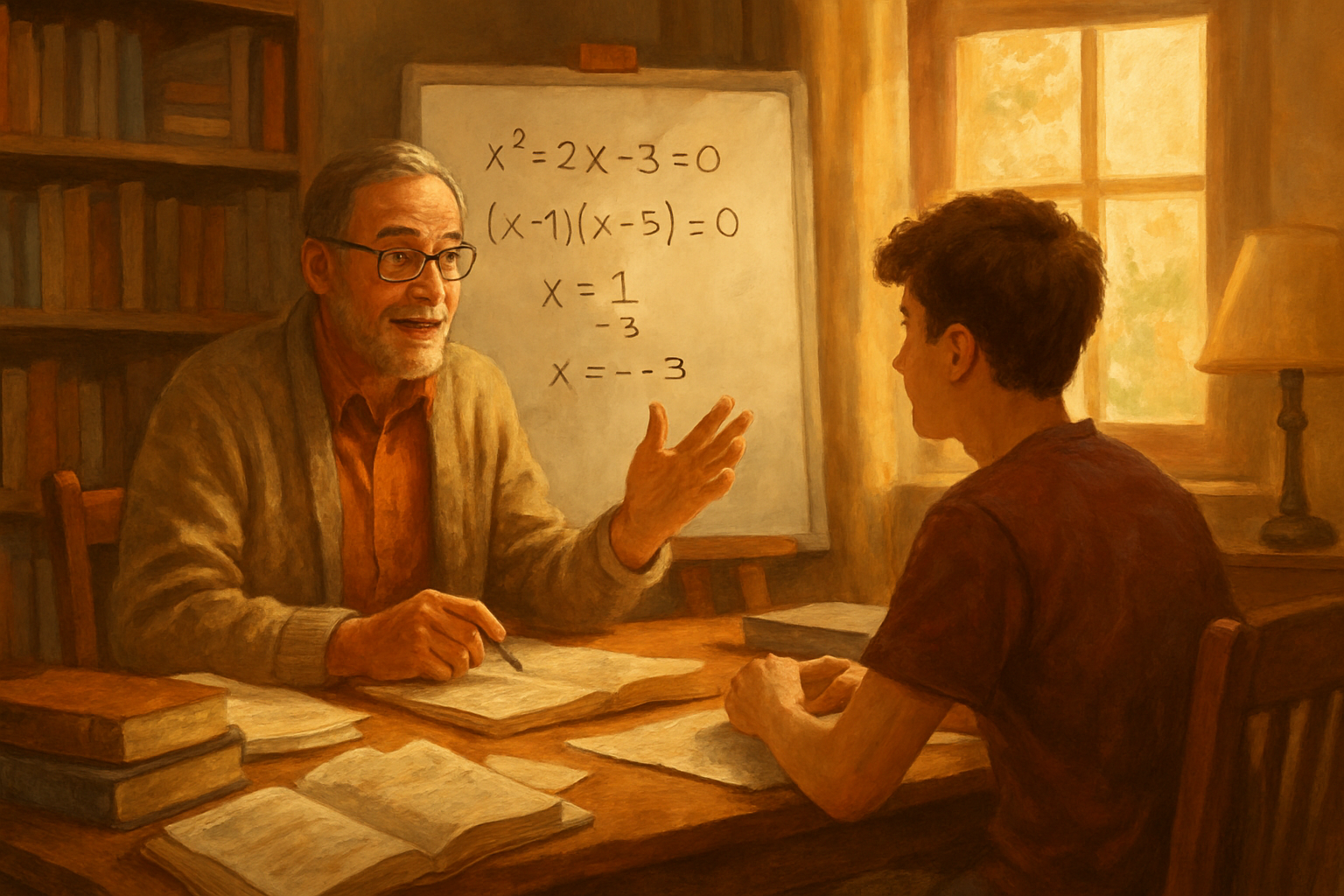 In a cozy warmly lit study room a dedicated math tutor sits across from a focused student surrounded by textbooks and scattered notes The tutor an old