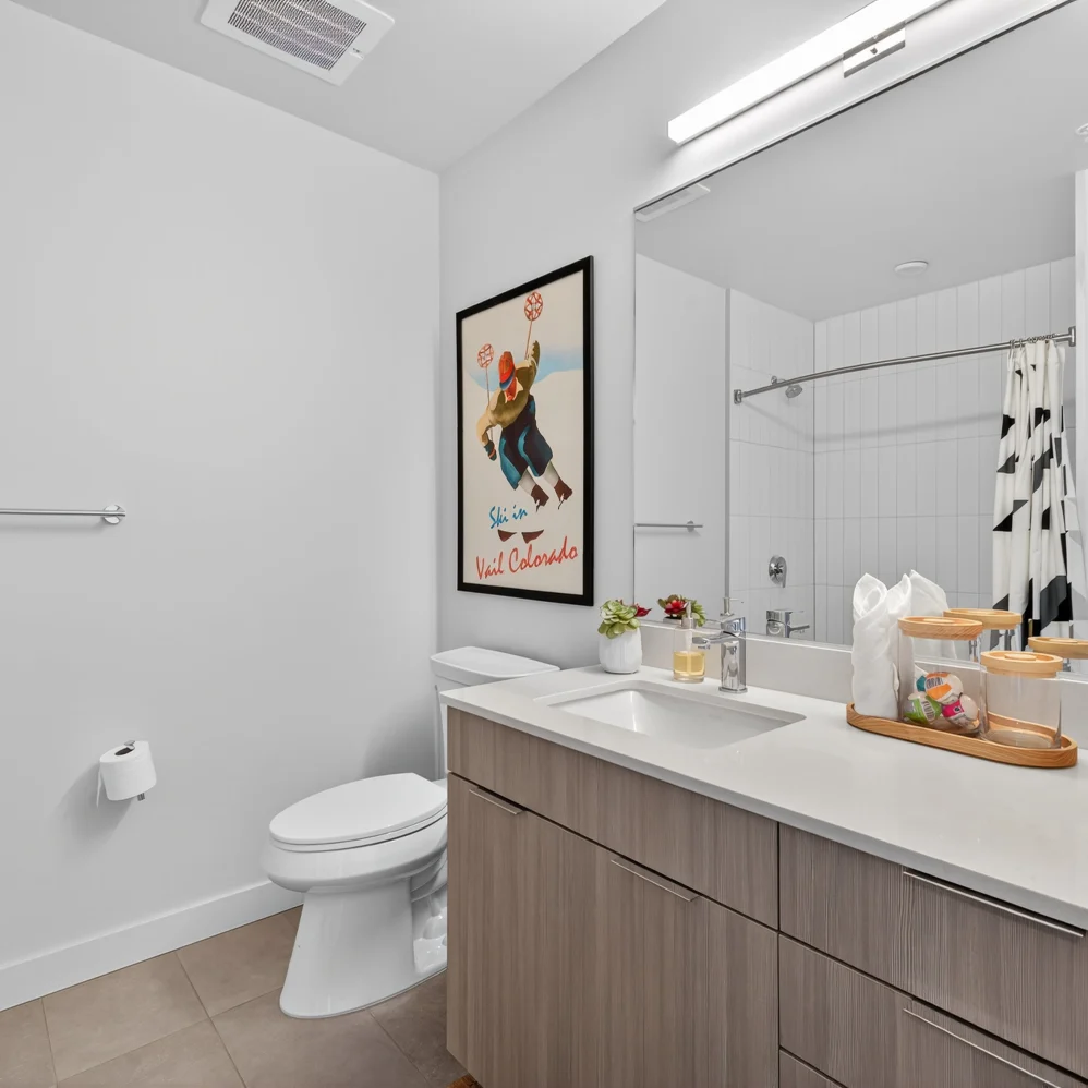 Bathroom with light brown cabinets