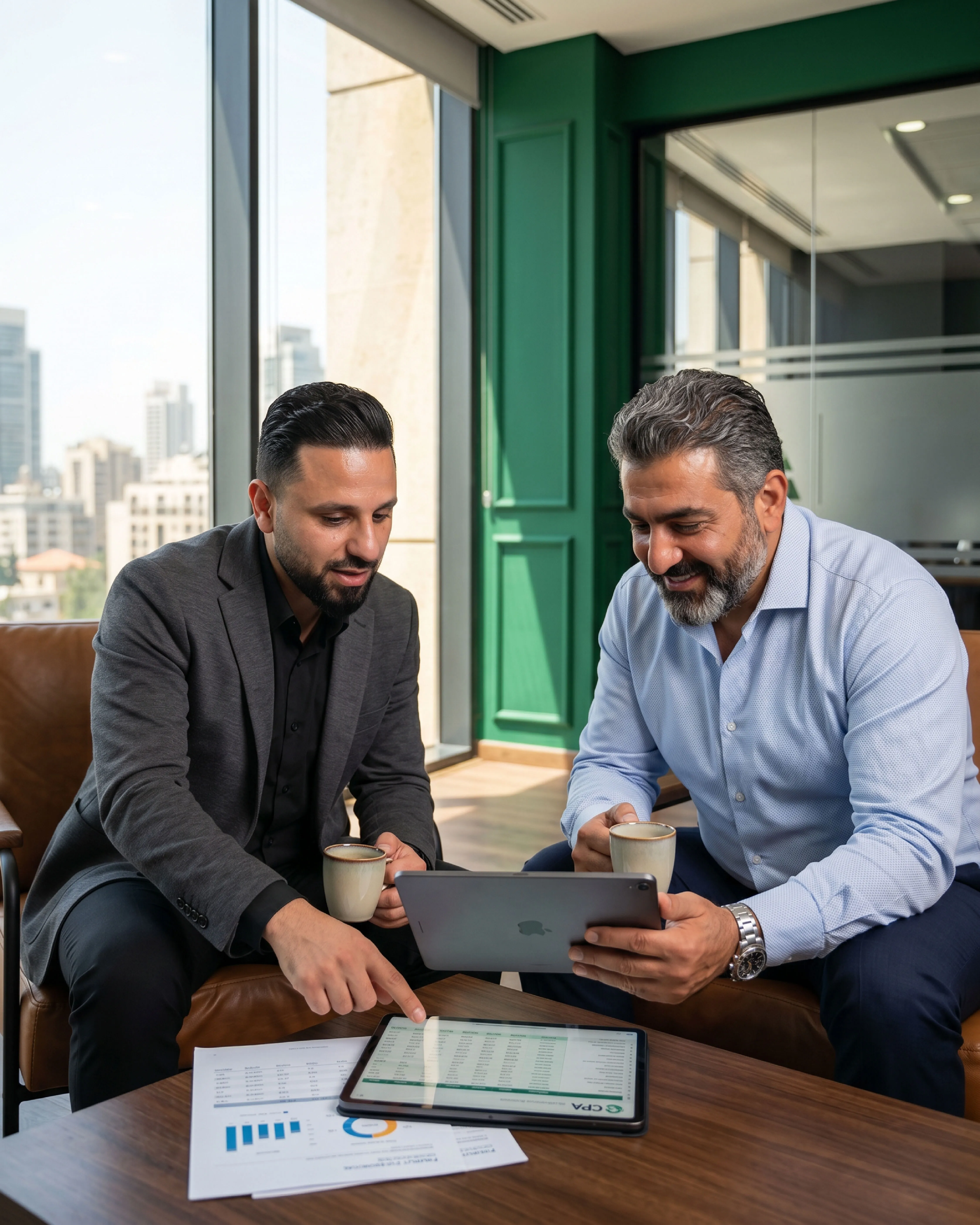 Two Taxperts CPAs reviewing a client's return on a tablet over coffee