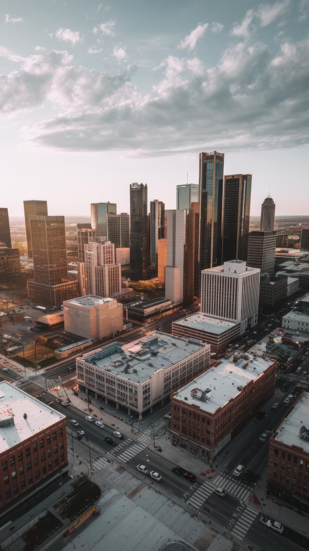 Aerial view of downtown Detroit in evening sunlight