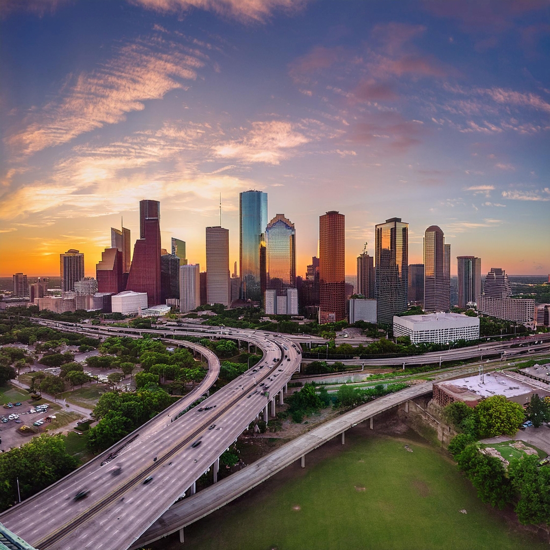 Houston skyline at sunset with freeway traffic in the foreground