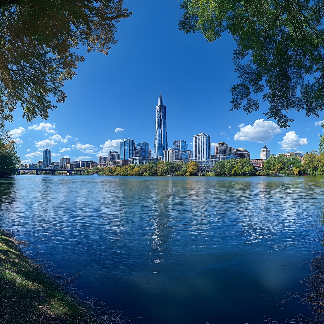 The Austin skyline framed by Lady Bird Lake and trees