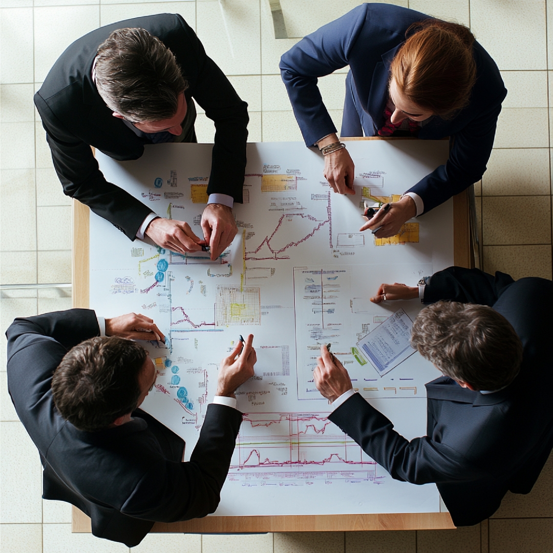 Business leaders reviewing organizational charts and restructuring options