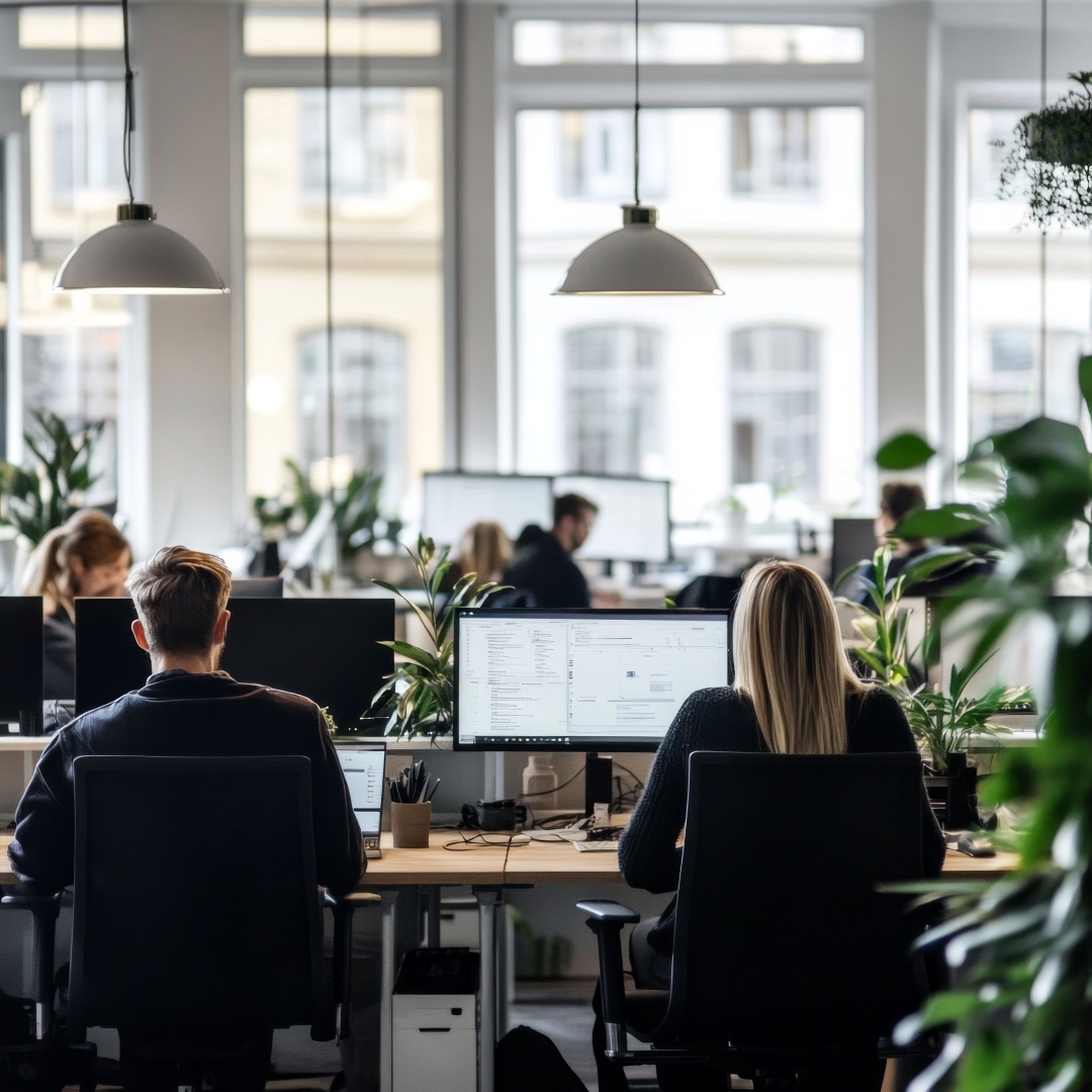 A team collaborating in a modern open-plan office