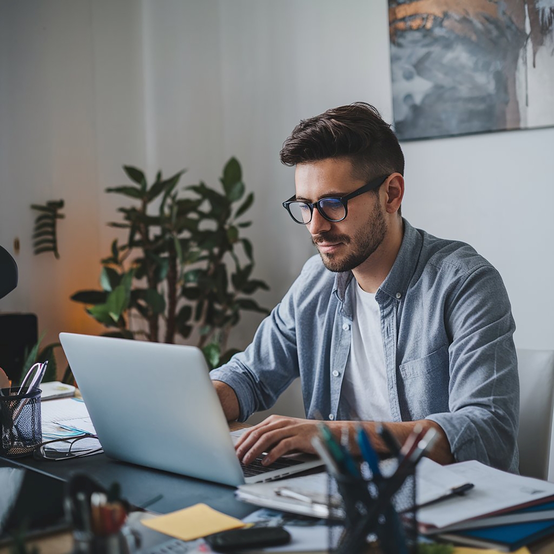 A freelancer working from home on a laptop