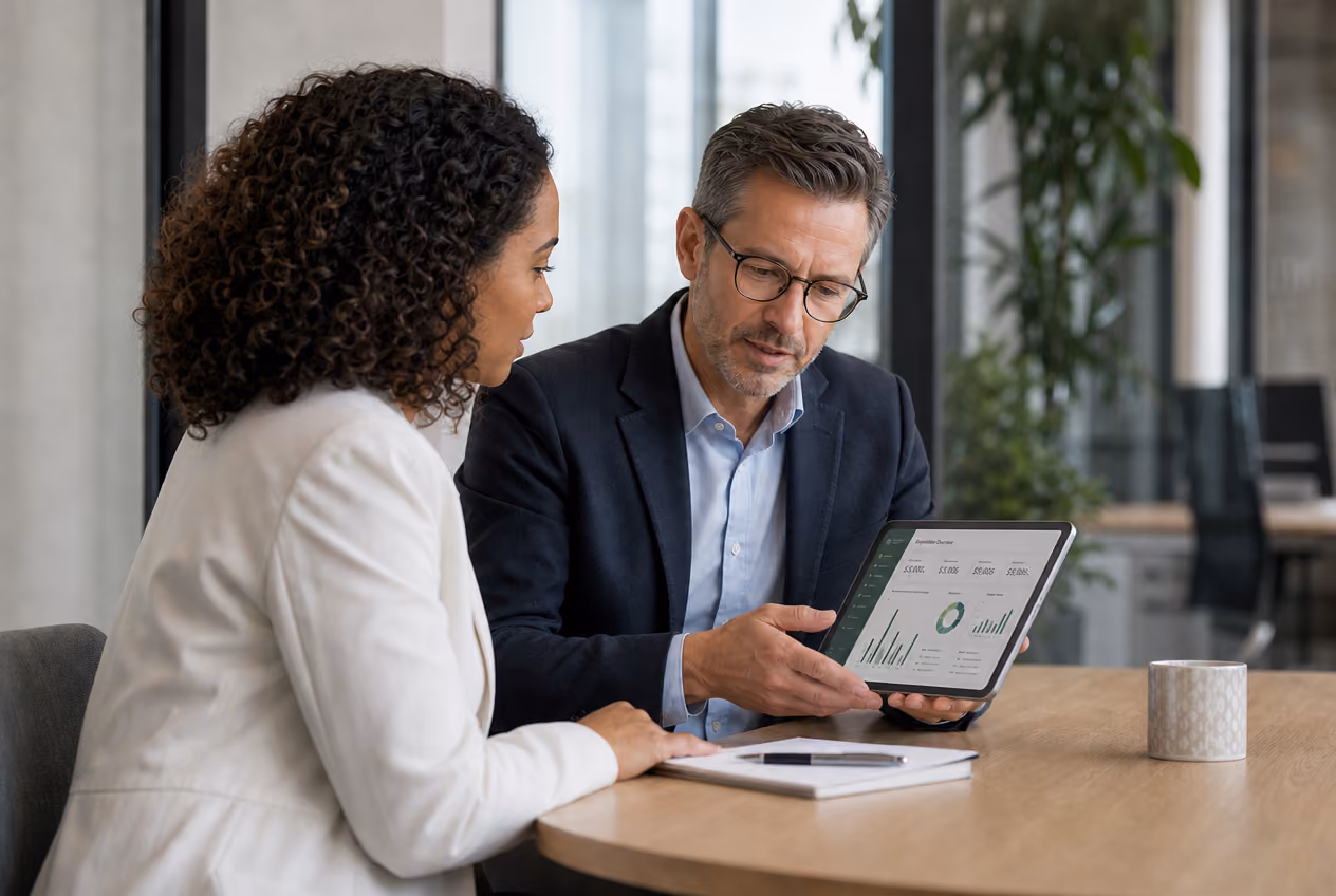 Man shows woman graphs and data on a tablet in an office meeting setting.