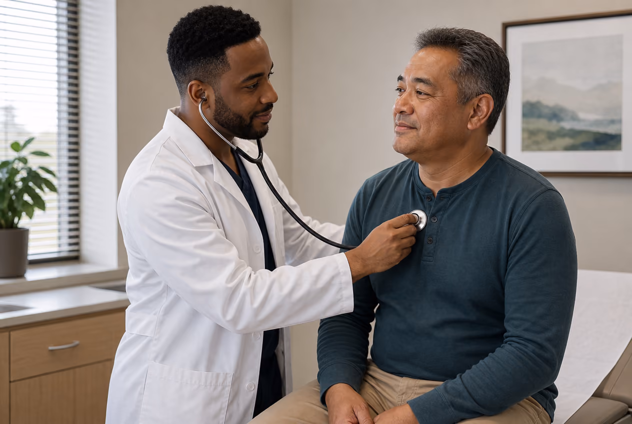 Doctor using stethoscope to listen to middle-aged patient’s chest in a medical exam room.