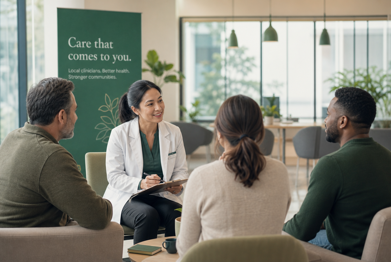 Female healthcare professional consulting three adults in a bright, modern waiting area.