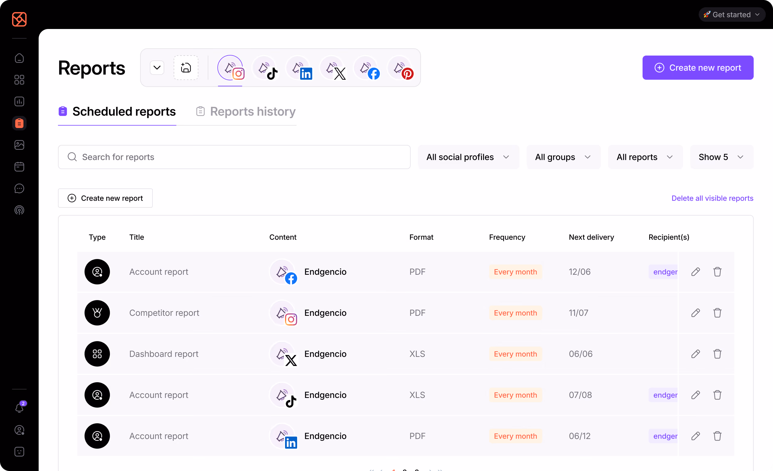 Social media reporting dashboard with scheduled reports and analytics