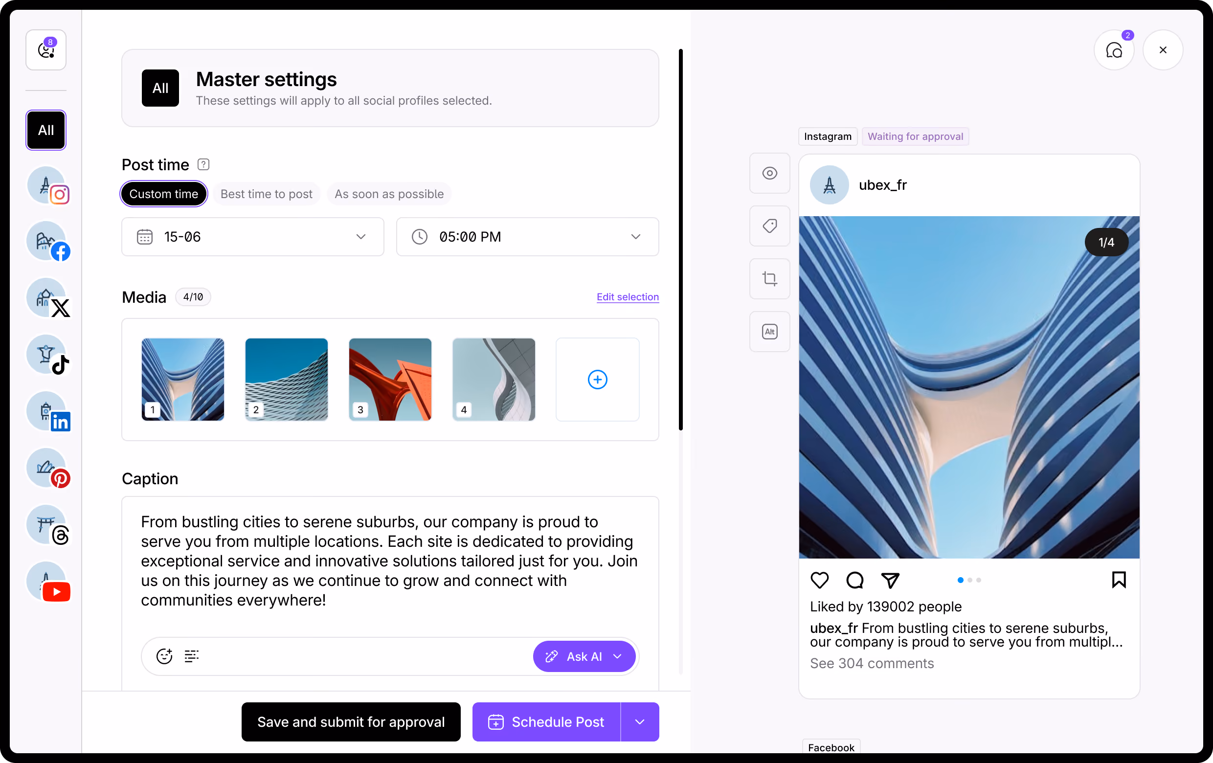 Social media publishing dashboard for creating and scheduling posts