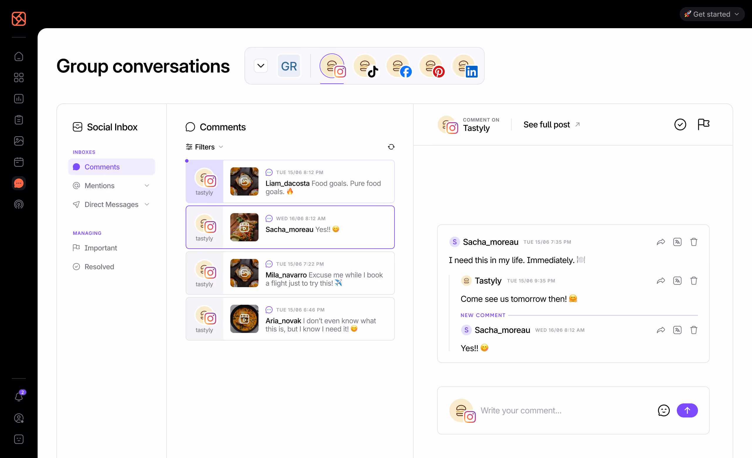 Social media conversations dashboard for managing comments and messages