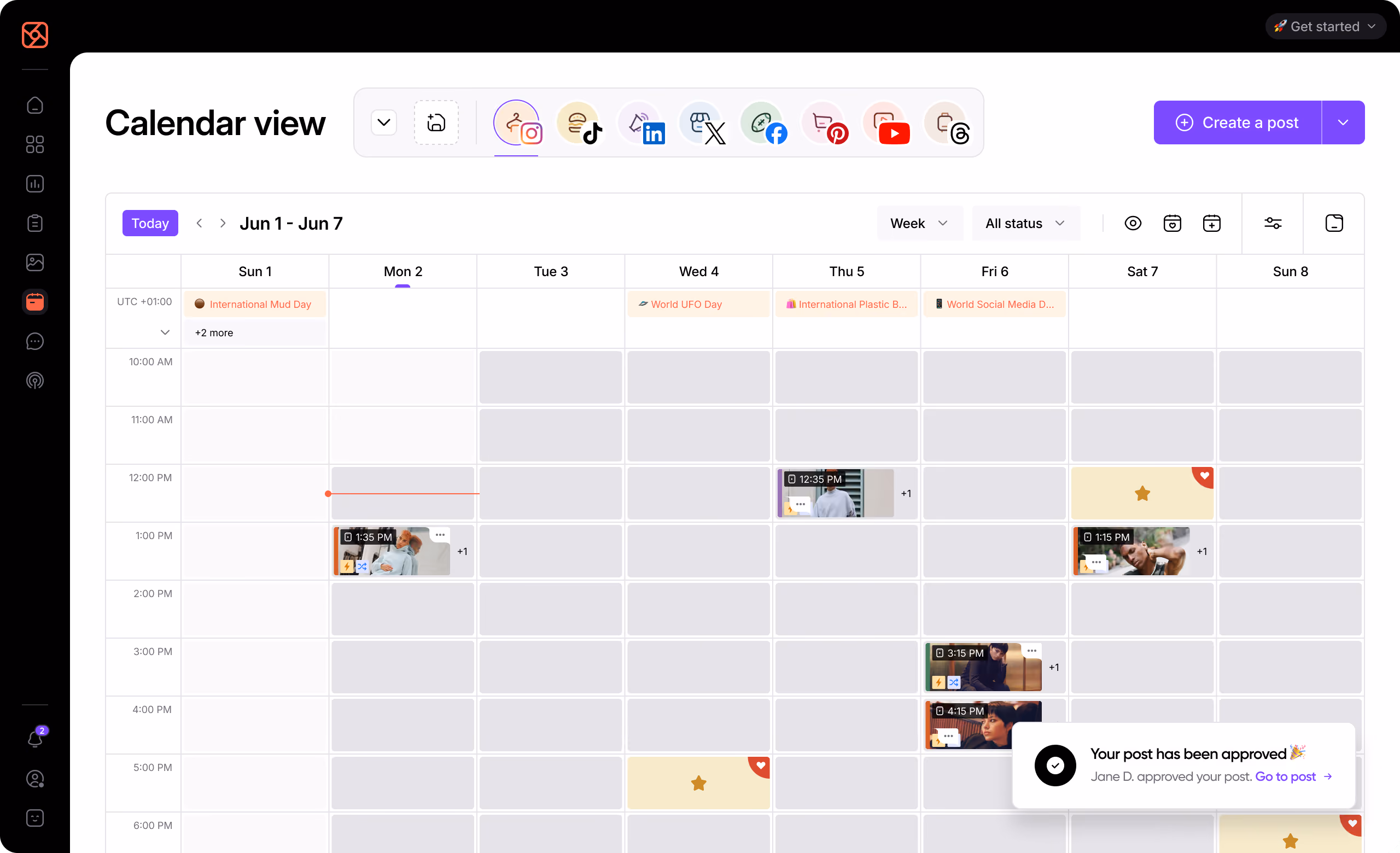 Social media content calendar showing scheduled posts across multiple platforms