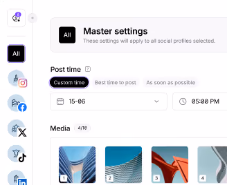 Social media publishing settings for scheduling posts across multiple platforms