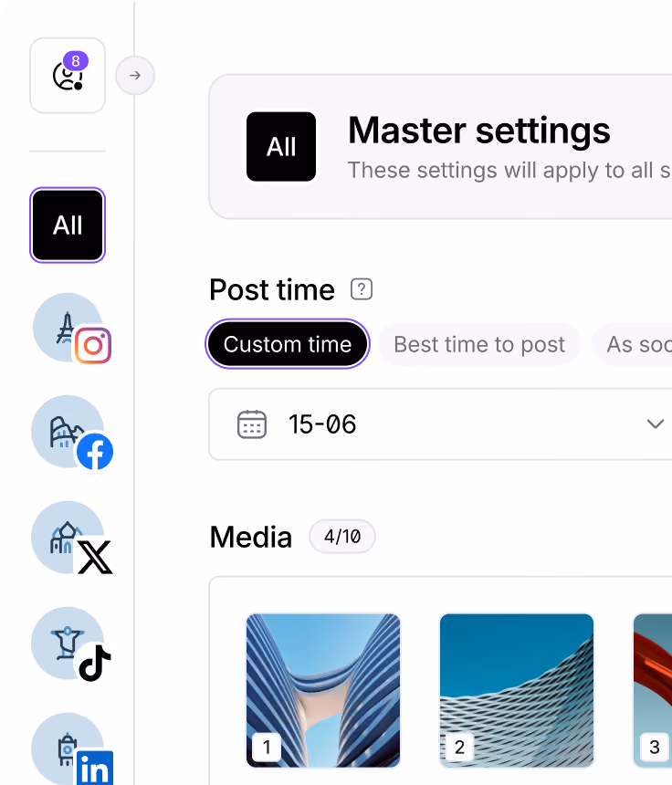 Social media publishing settings for scheduling posts across multiple platforms