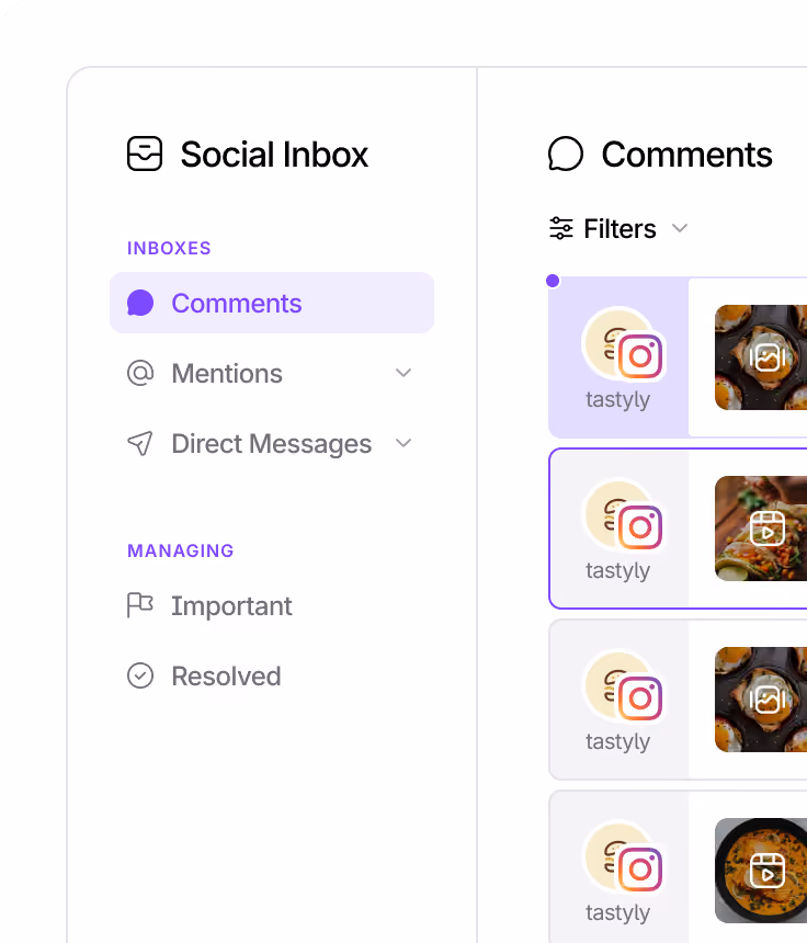 Social media inbox for managing comments, mentions, and direct messages