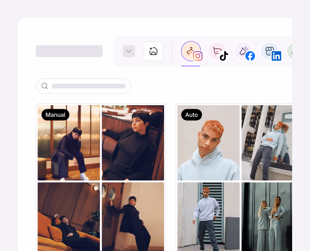 Social media content gallery showing posts across multiple platforms