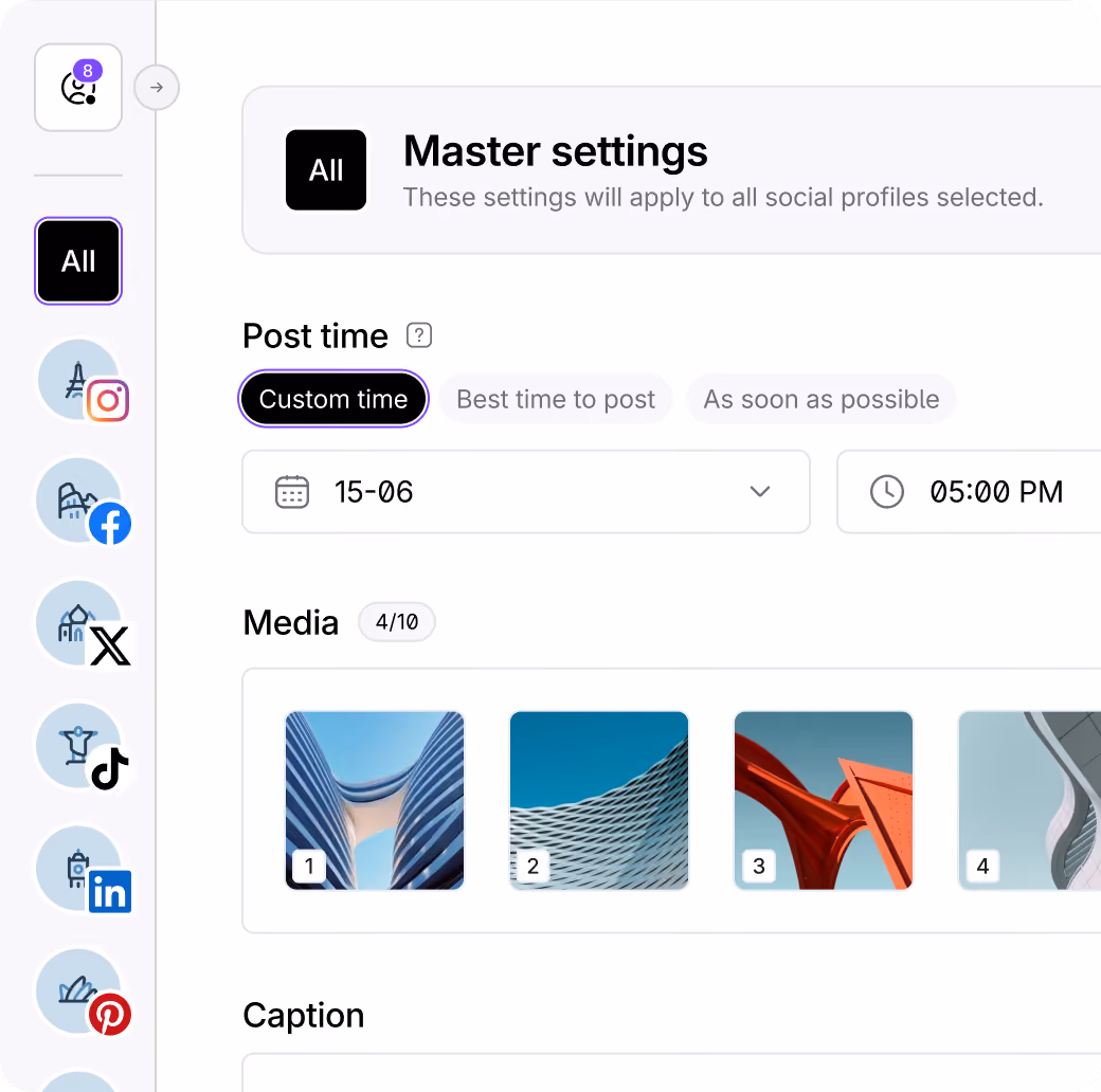 Social media publishing settings for scheduling posts across multiple platforms