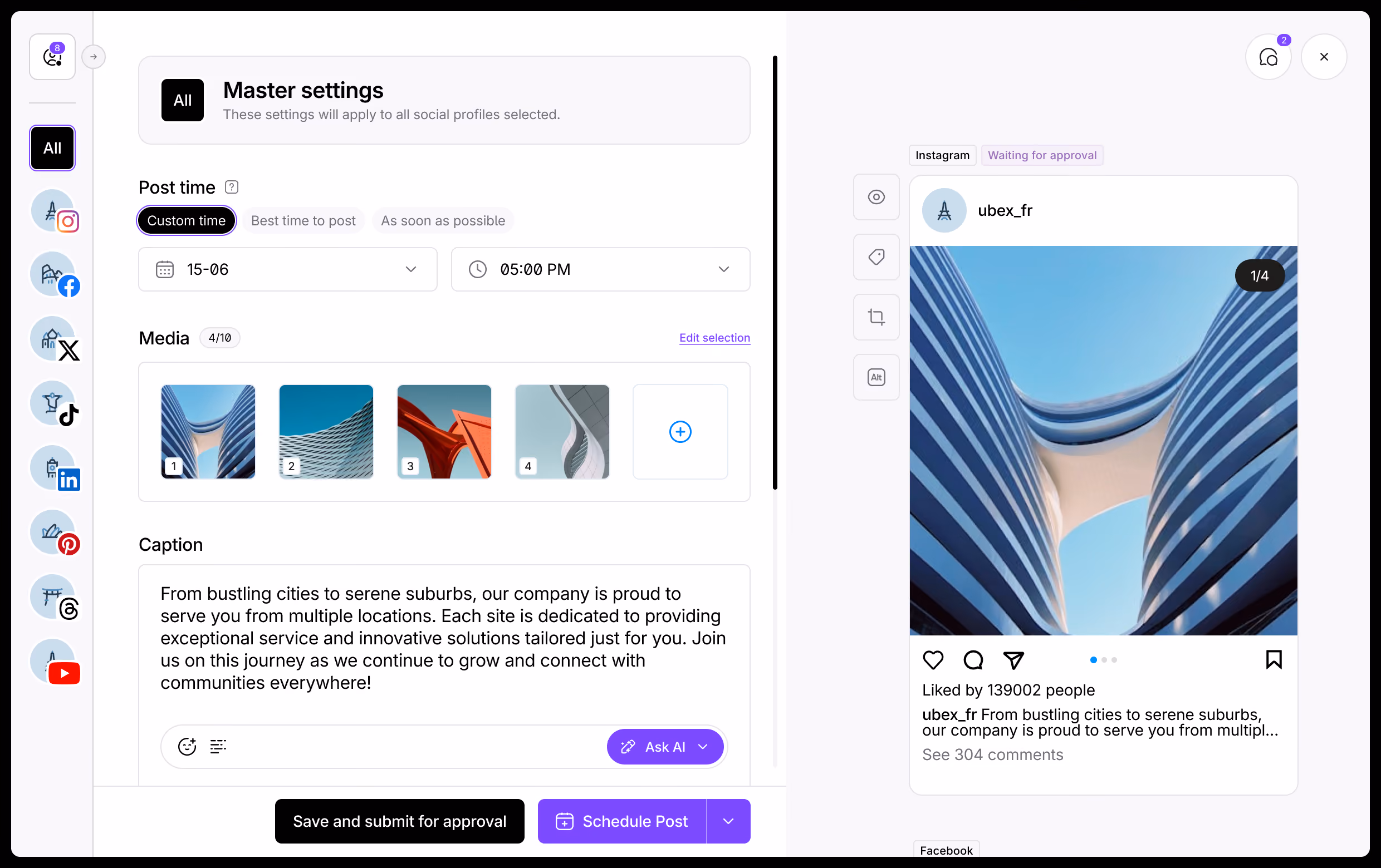 Social media publishing dashboard for creating and scheduling posts