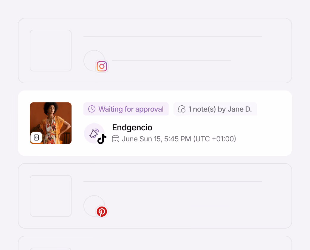 Social media publishing workflow showing a post awaiting approval