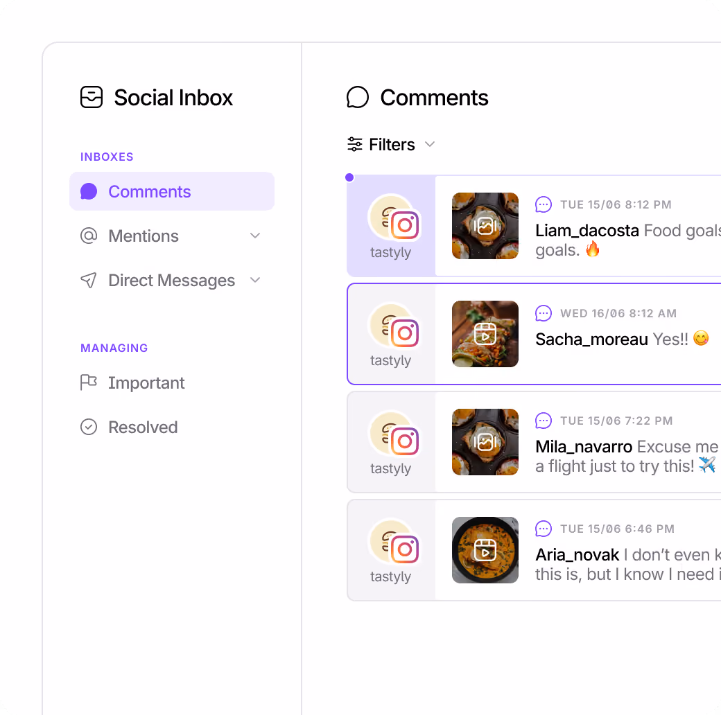 Social media inbox for managing comments and conversations
